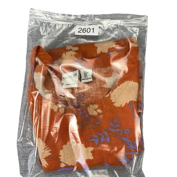 Rachell Zoe 100% Linen Women Top Small Rust/Brown Floral Shirt Flutter Sleeve - Picture 8 of 8